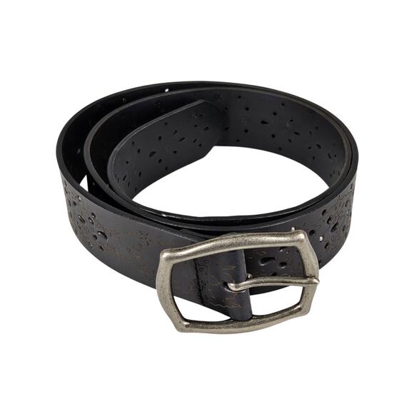 CUSTOM EMBOSSED UNISEX DRK BROWN LEATHER BELT W/ NICKLE BUCKLE – 45” L, 1.5” W - Picture 1 of 6